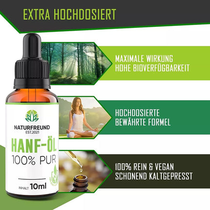 NATURFREUND® Premium Hemp Oil HIGH DOSE Hemp Seed Oil Omega 3-6-9 Oil Fatty Acids Natural Oil - Made in Germany - 10ml