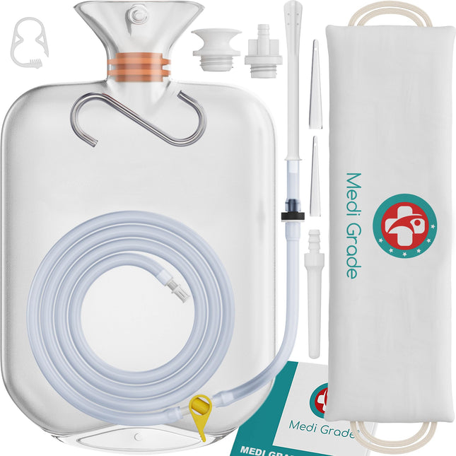 Medi Grade Enema Kit for Intimate Cleansing at Home - 2L Capacity - Enema Kit with Reusable Accessory, Instructions, Portable Bag and More - 100% Transparent