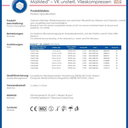 Nonwoven compresses, non-sterile 10x10cm, 100 pieces, wound compresses, 4-layer, non-adherent wound dressing, gauze compresses, absorbent compresses, dressing material + e-book (about health)