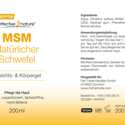 MSM Gel for Face and Body - 200 ml - Free from fragrances and dyes - MSM Lotion without Sodium Benzoate - High-quality MSM sulfur from the USA