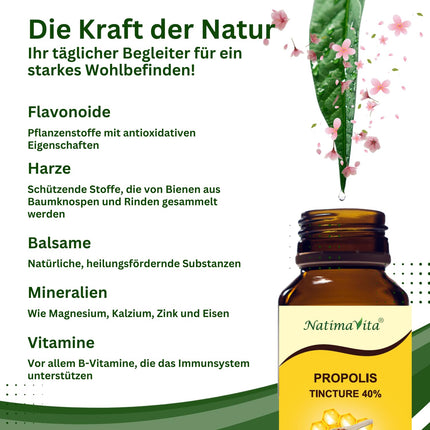 Propolis Tincture 40% - 50 ml - Pure High-Dose Drops - 100% Natural Extract - Immune System Support - Practical Pipette - NatimaVita