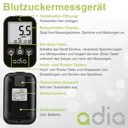 adia blood glucose meter (mmol) with 60 blood glucose test strips, 10 lancets, 1 lancing device, 1 case, value set for blood glucose self-monitoring in diabetes