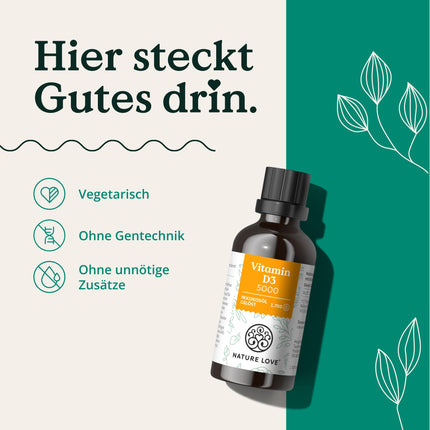 NATURE LOVE® Vitamin D3 5000 (50ml liquid) - Laboratory-tested 5000 IU per drop - in MCT oil from coconut - Highly dosed vitamin D - Highly bioavailable, very high stability - Produced in Germany