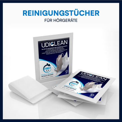 200 individually wrapped pre-moistened Udiclean cleaning wipes for hearing aids and cochlear implants. Fast-drying wipes remove grease, sweat, and dirt.