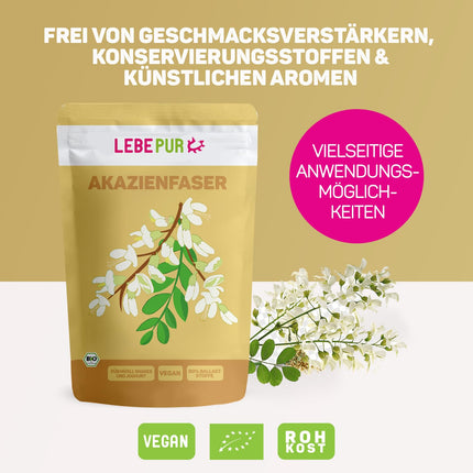Lebepur Organic Acacia Fiber Vegan 125g, 90% fiber, tasteless and odorless, acacia fiber powder, gluten-free, no additives, high fiber content with 90g per 100g