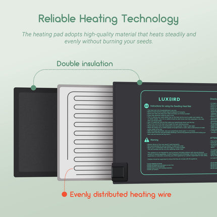 Luxbird heating mat with thermostat, timing function, plant heating mats, indoor greenhouse heating mat, IP67 waterproof heating mat, 52.7 x 25.4 cm, 30 watts