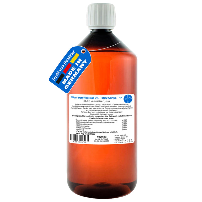Hydrogen peroxide 3% FOOD GRADE I 1 liter I FREE OF PHOSPHORIC ACID, unstabilized I Pharmazentralnummer 16613710 I Best before 12 weeks I Herrlan I Made in Germany