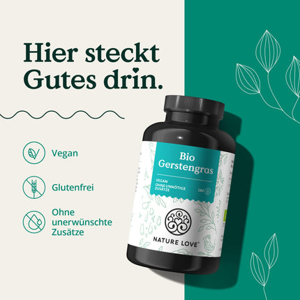 NATURE LOVE® Organic Barley Grass - 1500 mg per daily dose - from German cultivation - 180 Capsules - High dosage, laboratory-tested, certified organic, produced in Germany