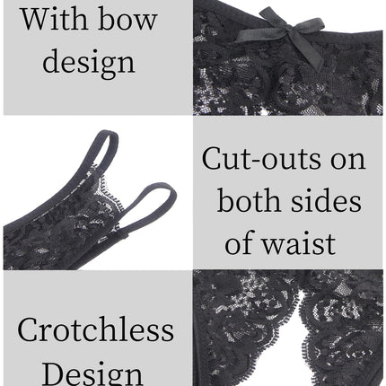 ohyeahlady Erotic Underwear Women with Hole Large Sizes Open Panties Underpants Women's Open Crotch Lace String Thong Sexy Lingerie Briefs Open Women Hipster Lingerie Black, XXL
