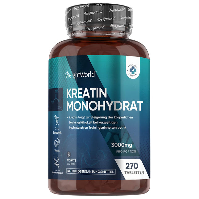 Creatine Monohydrate Tablets - 3000mg per Serving - 270 Vegan Creatine Tablets - 3 Month Supply - Creatine - Alternative to Capsules &amp; Powder - Gluten &amp; Magnesium Stearate Free - WeightWorld