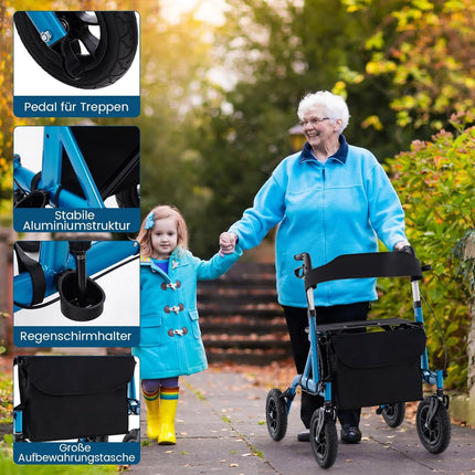 FANTASK 2-in-1 Rollator with pneumatic tires and seat up to 160 kg, foldable and lightweight aluminum with bag and cane holder, walking aid with 6-way height adjustment, wheelchair and travel rollator (blue)