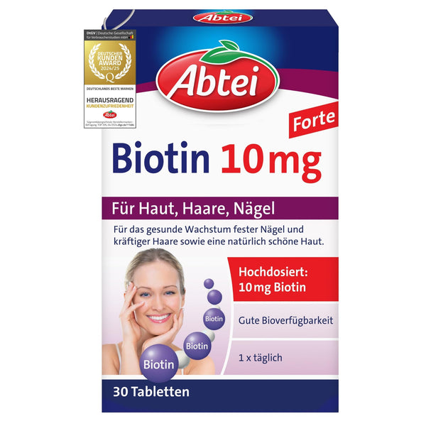 Abtei Biotin 10 mg Forte - For skin, hair, and nails - With 10 mg biotin - high dosage, gluten-free, suitable for vegetarians - 30 tablets