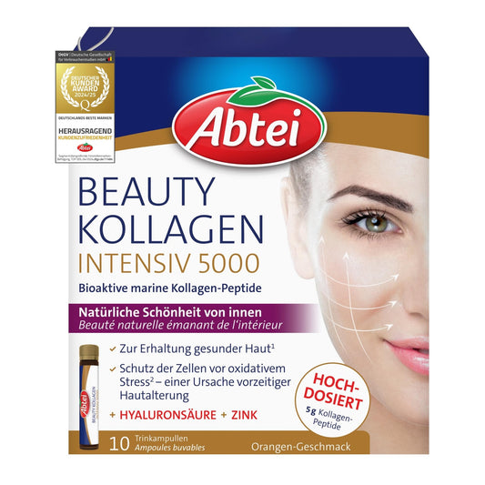 Abtei Beauty Kollagen Intensiv 5000 - für weniger sichtbare Falten - mit 5 g Kollagen-Peptiden, Hyaluronsäure, Zink und Vitamin C - zuckerfrei - 10 Trinkampullen