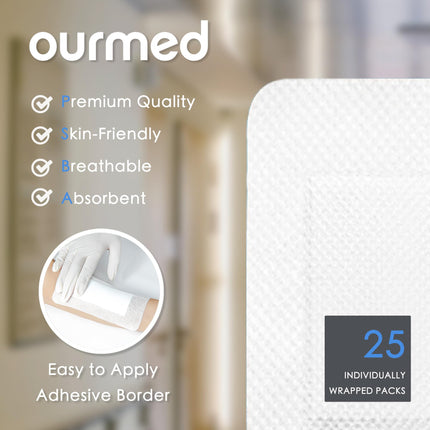 Ourmed Sterile Wound Plasters 8 x 15 cm, Self-adhesive sterile wound dressing with strong adhesion, protects against cuts and scratches, painless removal, individually wrapped, pack of 25