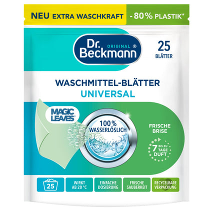 Dr. Beckmann MAGIC LEAVES Laundry Detergent Sheets UNIVERSAL | Pre-dosed &amp; water-soluble laundry sheets | Space-saving and easy to use | 25 sheets