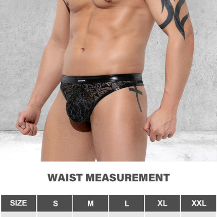 Casey Kevin String Tanga Men's Lace Thong Men Mesh Transparent PU Leather Underwear Wetlook G-String T-Back Bikini