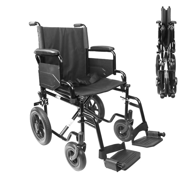 Lightweight folding wheelchair (steel construction 15 kg), foldable armrests and footrests, puncture-proof tires