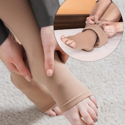 Open Toe Medical Compression Stockings Women &amp; Men 20-30 mmHg Class 2, Size S-4XL, Compression Socks Support Stockings for Varicose Veins Edema Flight (Beige, M)