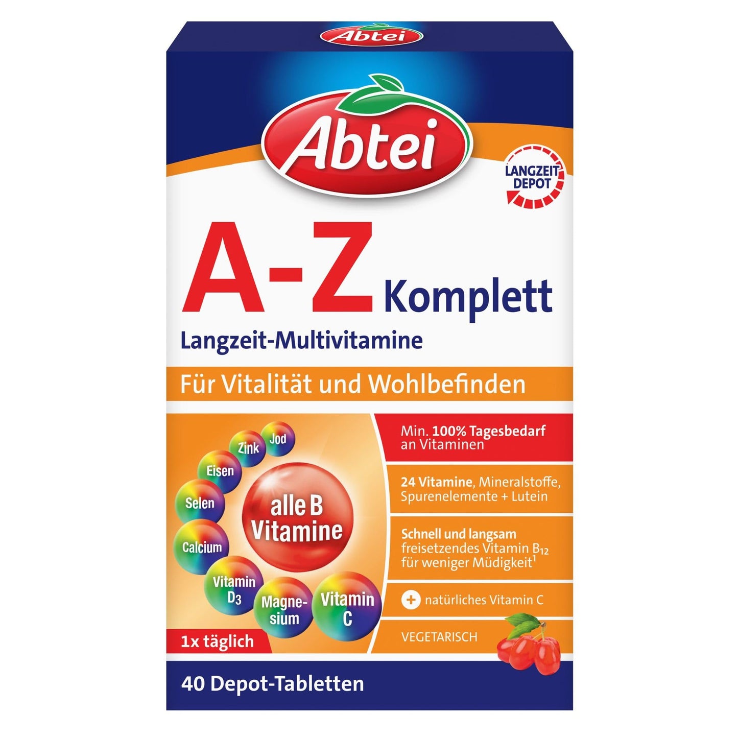 Abtei A-Z Komplett Langzeit-Multivitamine - 24 Vitamine und Mineralstoffe - hochdosiert, vegetarisch - 40 Depot-Tabletten