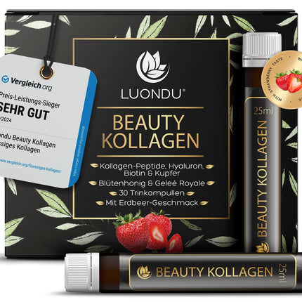 Luondu Beauty Collagen Drinking Ampoules with Hyaluronic Acid (30 Ampoules with 2500mg Premium Liquid Collagen) | Anti-Aging* Drinkable | With Biotin, Copper &amp; Vitamin C, Blossom Honey &amp; Royal Jelly