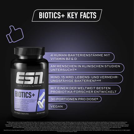 ESN Biotics+, 30 capsules, 450 billion CFU per pack, high-dose, with vitamins B2 and D, only 1 capsule per day, vegan