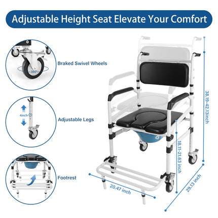 Height-adjustable toilet wheelchair, toilet chair for seniors with wheels, shower wheelchair, bedside chair for seniors, shower chair with wheels for the disabled, mobile toilet chair with arms (black)