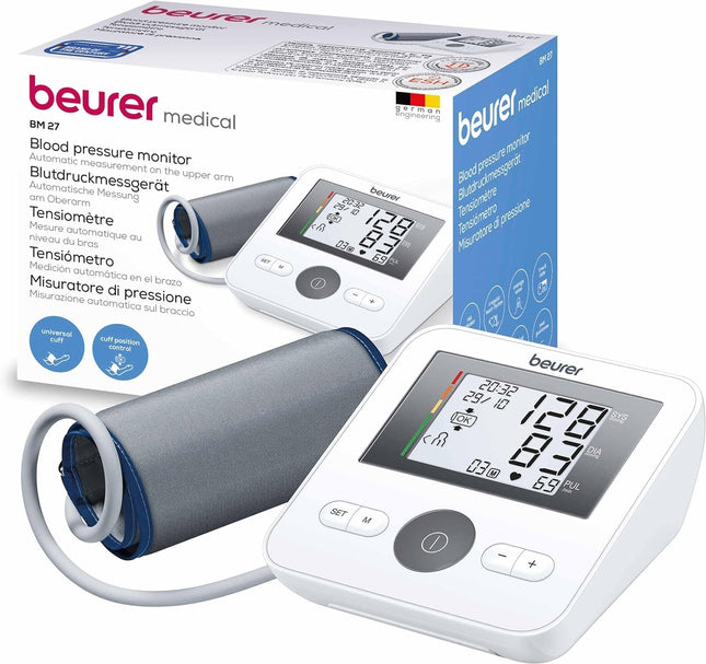 Beurer BM 27 upper arm blood pressure monitor with cuff fit control, clinically validated, for upper arm circumferences of 22-42 cm, risk indicator, arrhythmia detection, notification of application errors