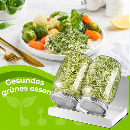ecooe Sprouting Jar 1000ml, 2-pack Sprouting Jar Glass, sprouting jars for sprouts with 2 filter grid covers made of 304 stainless steel, 1 stand and 1 water bowl