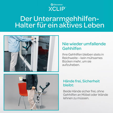 XCLIP Forearm Crutch Holder On the Go - Lightweight, portable 20-22.6 mm walking stick holder - Walking aid holder - Quick and easy to install crutch accessory