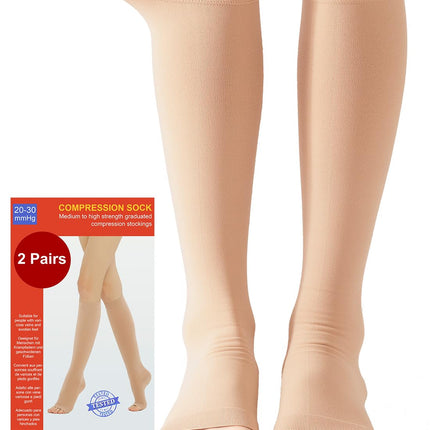 2 Pairs of Medical Compression Stockings for Women &amp; Men 20-30 mmHg, Class 2, Open Toe Graduated Support Stockings for Varicose Veins, Edema, and Flight (2x Beige, XXL)