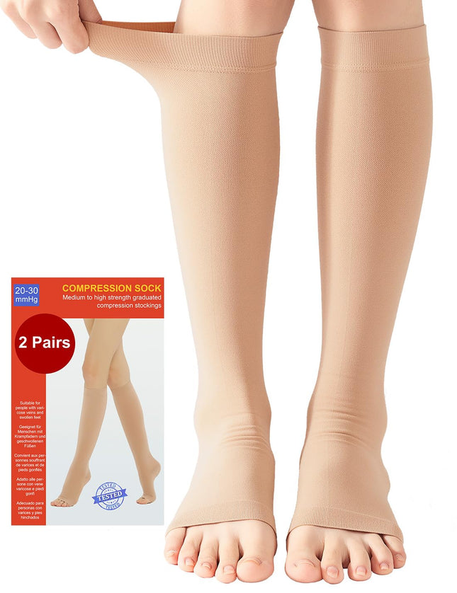 2 Pairs of Medical Compression Stockings for Women &amp; Men 20-30 mmHg, Class 2, Open Toe Graduated Support Stockings for Varicose Veins, Edema, and Flight (2x Beige, XXL)