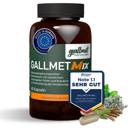 GALLMET Bile Acid Ox Bile, 60 Capsules, 100 mg + Herbs 37.5 mg, Digestive Enzymes for Liver, Bile, Bloating, Fatty Liver, Lactose Intolerance, Gastritis, Intestinal Cleansing, Ox Bile, Bile Salts