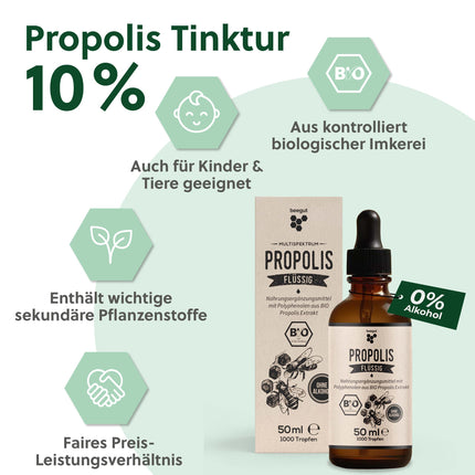 beegut ORGANIC Propolis Drops liquid without alcohol, 50ml water-soluble tincture with ORGANIC Propolis extract, standardized quality, sustainable packaging (50ml)