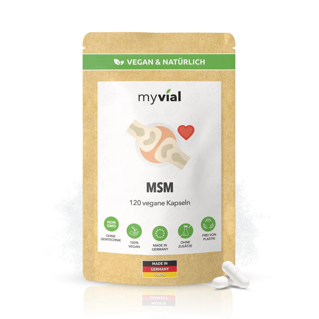 MSM capsules high dose 120 pieces – 800 mg methylsulfonylmethane + organic acerola powder – vegan – no additives – plastic-free – produced in Germany – natural sulfur