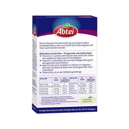 Abtei Beta-Carotene Plus - For skin protection - With skin-active B vitamins - Gluten-free, lactose-free - 50 capsules