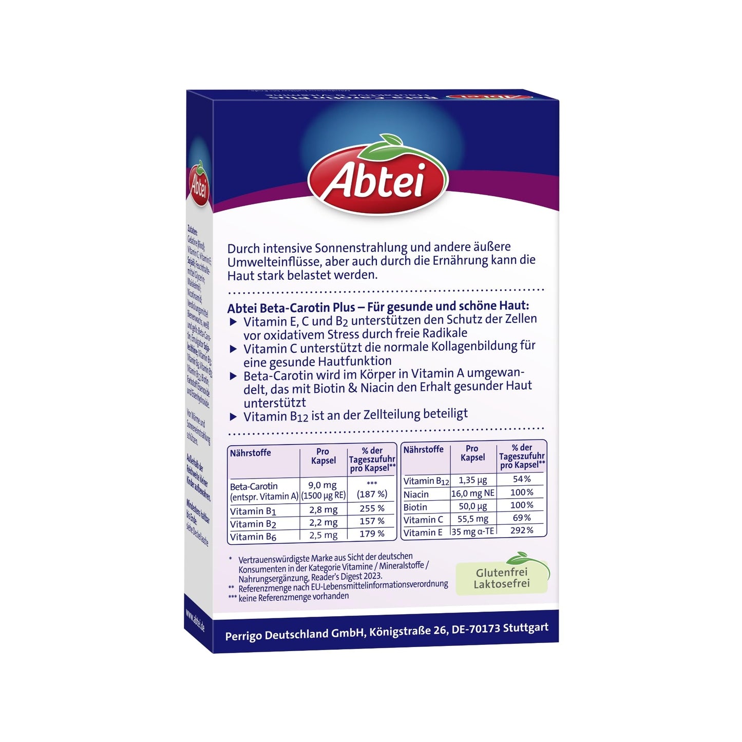 Abtei Beta-Carotin Plus – Für den Erhalt gesunder Haut – Glutenfrei, Laktosefrei – Vorratspackung – 150 Kapseln für 5 Monate