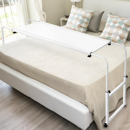 QWORK® Height and width adjustable over-bed table on castors, side table bed ideal for home and office, multifunctional as a side table, bedside table, desk