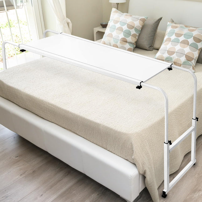 QWORK® Height and width adjustable over-bed table on castors, side table bed ideal for home and office, multifunctional as a side table, bedside table, desk
