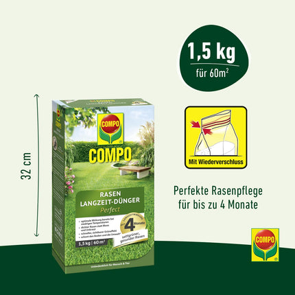 COMPO lawn fertilizer with long-term effect - No chance for moss and weeds - 1.5 kg for 60 m² - COMPO Lawn Long-Term Fertilizer Perfect