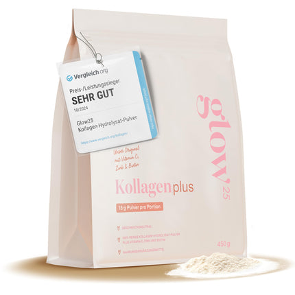 Glow25® Collagen Plus [450g] - Collagen Hydrolysate with Vitamin C, Zinc, and Biotin - Peptides Type 1 and 3 - Good Solubility - Neutral