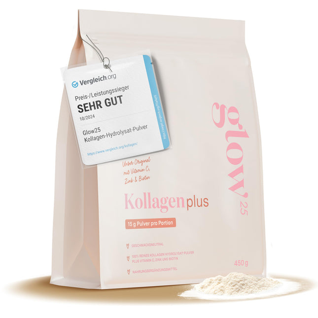 Glow25® Collagen Plus [450g] - Collagen Hydrolysate with Vitamin C, Zinc, and Biotin - Peptides Type 1 and 3 - Good Solubility - Neutral