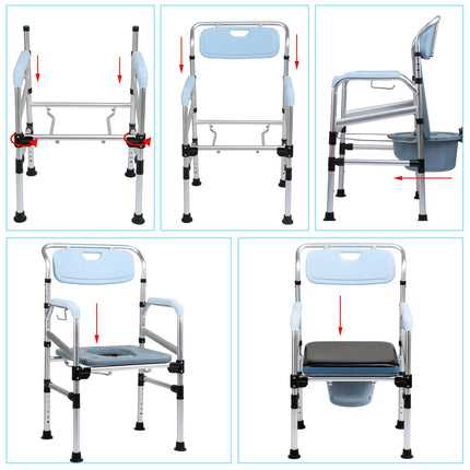 Izrielar Height-Adjustable Toilet Chair, Non-Slip Toilet Chair with Padded Seat and Toilet Bucket, Armrest and Backrest, Foldable Portable Toilet Bucket, Shower Stool up to 160 kg
