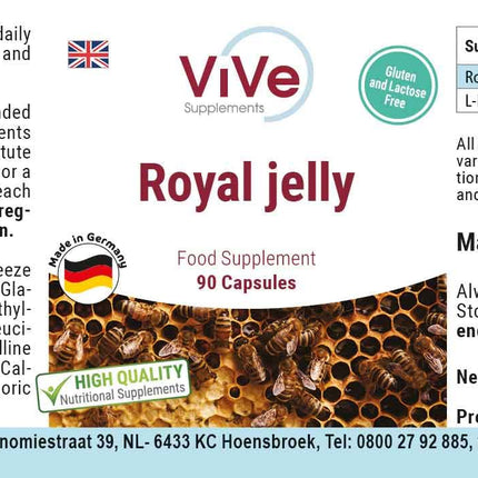 Royal Jelly 500mg - 90 Capsules - Standardized to 4% 10-HDA - High-quality according to ISO standards - Gently freeze-dried | Quality from Germany by ViVe Supplements