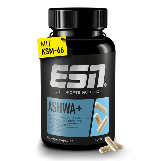 ESN Ashwa +, patented Ashwagandha root extract KSM-66®, 120 capsules, Indian passionflower, with magnesium, vitamin B6 &amp; zinc, vegan (packaging may vary)