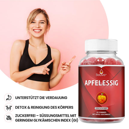 BeLive Apple Cider Vinegar Gummies - 60 pieces, sugar-free, support detoxification, cleansing, and digestion. Delicious, vegan, keto-friendly, non-GMO, and gluten-free.