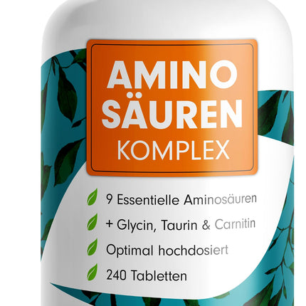 High-dose amino acid complex - 240 tablets - 6,000 mg amino acids per day - 9 essential amino acids + 3 co-factors: taurine, carnitine &amp; glycine - laboratory-tested with certificate - 100% vegan