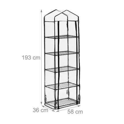 Relaxdays Balcony Greenhouse, HxWxD: 193 x 58 x 36 cm, 5 Tiers, Iron &amp; PVC Film, Transparent/Black