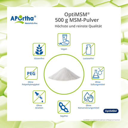 APOrtha® OptiMSM® MSM Powder, 500g vegan powder, 99.9% pure methylsulfonylmethane without any additives, 1,000 mg OptiMSM® MSM per serving, vegan, gluten-free, lactose-free, allergen-free