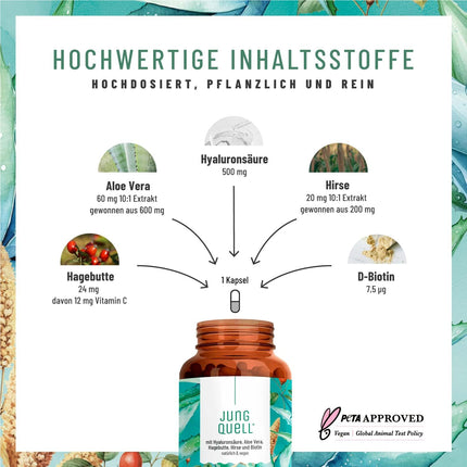 NATURTREU® Hyaluron Capsules with 500 mg of high-dose hyaluronic acid with aloe vera, biotin &amp; vitamin C - 90 Capsules for skin* and joints** - Natural and vegan