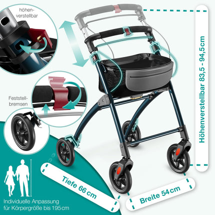 ELONEO Rollator for Homes, 54cm Wide, Foldable and Lightweight, Including Tray &amp; Fabric Basket, Narrow Rollator for Homes, Indoor Rollator, Foldable, Aluminum, Mobility for Home, Anthracite
